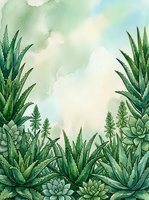 Watercolor botanical frame with aloe vera and succulents, soft green tones, copy space sky background for cards, posters, or wellness designs.