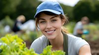 Young Caucasian woman in blue baseball cap and gray t-shirt smiling while gardening outdoors on sunny day, with green plants and blurred people in background.