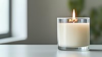 Glowing white scented candle in clear glass container on white surface against blurred background, creating peaceful ambiance for spa and relaxation.