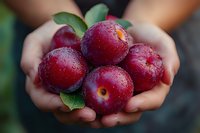 Fresh ripe red plums with water drops held in cupped hands, close-up view showing organic produce with green leaves and natural lighting.