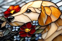 Stained glass artwork featuring golden retriever dog portrait with red flowers and blue accents, decorative mosaic design in warm amber tones and floral elements.