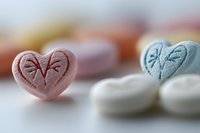 Colorful heart-shaped candy with embossed butterfly design in soft pastel pink and blue tones on white background, macro close-up view showing delicate details and texture.