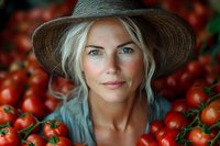 Blonde woman in wide-brimmed hat surrounded by fresh red tomatoes, natural lighting enhances blue eyes and warm skin tones, agricultural harvest portrait.