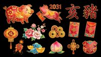 Chinese New Year pig zodiac clipart set with lanterns, coins, peony, and lucky symbols, isolated on transparent background. Great for T-shirts, stickers, print on demand.