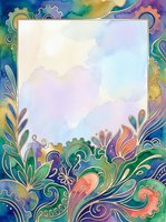 Colorful watercolor floral frame with gears and swirls, featuring a blank center space for text or design elements.