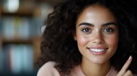 Young mixed race woman with curly dark hair and bright smile showing natural beauty and confidence against blurred background. Professional headshot style portrait.
