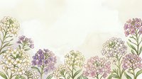 Delicate watercolor wildflowers border with purple pink and green blooms on soft cream background for spring wedding invitations and feminine designs.