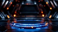 Futuristic glowing blue circular platform with orange bokeh lights in dark sci-fi corridor background creates dramatic technological atmosphere.