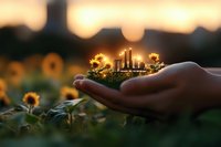 Hand holding miniature sustainable city model with glowing buildings amid sunflower field at sunset, environmental conservation concept for green urban development.