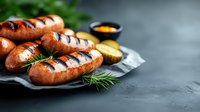 Grilled sausages with rosemary and mustard sauce on dark plate, close up view with copy space. Juicy bratwurst with char marks and fresh herbs.