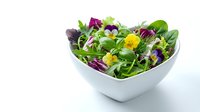 Fresh mixed green salad with edible flowers in white bowl, featuring purple cabbage, microgreens, and yellow blooms for healthy eating and culinary presentations.