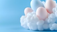 Soft pastel pink and blue balloons arrangement on white balloon base against blue background, creating dreamy ethereal composition for celebration and party design.