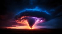 Dramatic storm funnel at sunset with vibrant colors of blue, orange and purple illuminating dark clouds over silhouetted horizon, creating supernatural atmosphere.