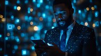 African American businessman checking smartphone in dark office with blue digital technology interface background, illuminated by glowing screens and bokeh lights.