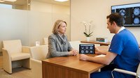 Professional medical consultation between female doctor and male patient discussing brain scan results in modern clinic office with digital imaging technology.