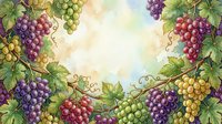 Bunches of ripe grapes in purple, red, and green varieties hang from vines with lush foliage, creating a decorative border frame around a soft, blurred background. Suitable for wine labels, culinary designs, and harvest-themed projects.