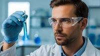 Young male scientist in safety glasses examining blue liquid sample in test tube during laboratory research experiment.