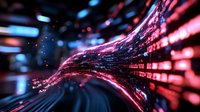 Digital data stream with flowing pink and blue light trails creating dynamic wave patterns in futuristic cyber space environment for technology presentations.