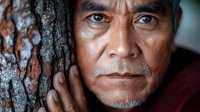 Close up portrait of mature Asian man with intense gaze leaning against tree bark, showing weathered facial features and contemplative expression in dramatic lighting.