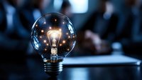 Glowing light bulb with warm filament illuminated against dark background, symbolizing innovation, creativity and bright ideas in business concept.