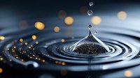 Macro water drop splash with golden bokeh lights creating concentric ripples on dark liquid surface. Artistic close-up photography captures frozen moment.