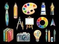 Isolated art supplies and creative tools collection on transparent background, ready for clipart, t-shirt design, stickers, print-on-demand products, and sublimation projects.