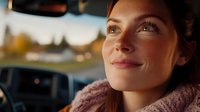 Young woman with freckles and reddish-brown hair gazing out car window at autumn landscape, wearing cozy sweater, contemplative expression, road trip and travel concept.