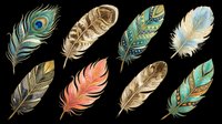 Colorful decorative feathers set isolated on transparent background, ready for t-shirt design, stickers, clipart, sublimation, and print on demand projects.
