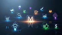 Digital marketing concept with glowing M logo surrounded by business icons on dark tech background for promotional campaigns and brand strategy.