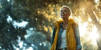 Senior woman in yellow vest enjoying peaceful forest walk at golden sunset, contemplative expression showing connection with nature.