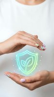 Hands holding glowing neon shield with leaf symbol, representing eco-friendly protection, sustainability, and green security for environmental and technology concepts.