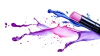 Vibrant splash of blue and purple liquid cosmetics with fountain pen creating dynamic motion and artistic splatter against white background. Makeup concept.