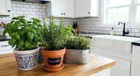 Fresh herbs growing in decorative pots on wooden kitchen counter with white subway tile backsplash and modern farmhouse style interior design.
