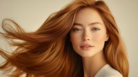 Young Caucasian woman with flowing red hair in motion against neutral background. Hair care, beauty salon, cosmetics advertising concept.