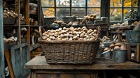 Rustic wicker basket filled with fresh mushrooms on wooden table in cozy farmhouse kitchen with autumn window view for cooking and harvest themes.