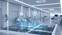 Modern hospital corridor with holographic medical technology interface displaying healthcare icons and digital data visualization for futuristic medicine concepts.