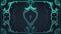 Ornate turquoise frame with shield and keyhole on dark background featuring elegant baroque swirls and symmetrical floral patterns. Decorative vintage border design.