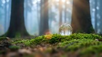 Crystal sphere on moss in enchanted forest with sunlight streaming through trees creating magical atmosphere for meditation and nature concepts.