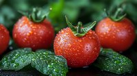Fresh ripe red tomatoes with water drops and wet green leaves on dark background. Natural organic vegetables with morning dew for healthy eating.