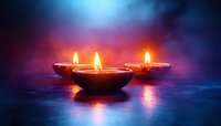 Glowing diya lamps with burning flames against mystical blue and red background, creating spiritual ambiance for meditation and festive celebrations.