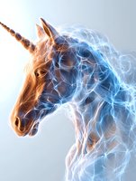 Mystical unicorn with glowing energy mane in orange and blue tones against light background, featuring ethereal light effects and magical aura patterns.