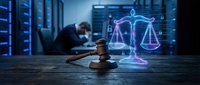 Wooden gavel with glowing digital scales of justice hologram in modern server room. Legal technology concept for law firms and digital transformation.