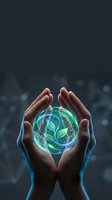 Hands protecting glowing green plant sphere with digital circuits symbolizing environmental conservation and sustainable technology innovation.