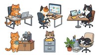 Cartoon cats working at desks with laptops, office supplies and furniture. Isolated characters on transparent background, ready for design projects, presentations and educational materials.