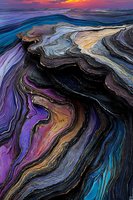 Abstract fluid art with swirling layers in purple, blue, gold and black creates dramatic marble effect against sunset sky, showcasing organic flowing patterns.