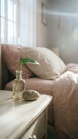 Cozy bedroom interior with a hello stone and green leaf in a glass vase on a nightstand, soft pink linen bedding in warm sunlight.
