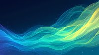 Flowing abstract waves in blue, turquoise and yellow colors on dark background with glowing particles create dynamic motion effect for modern design projects.