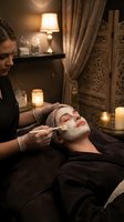 Professional spa therapist applying facial mask treatment to relaxed client in luxury wellness center with warm candlelit ambiance for skincare and beauty services.