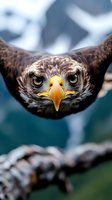 Close-up portrait of fierce eagle with piercing yellow eyes and sharp curved beak against blurred mountain background, dramatic wildlife photography.
