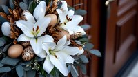 White oriental lilies with golden speckled Easter eggs nestled among eucalyptus leaves create elegant spring holiday arrangement against dark wooden background.
